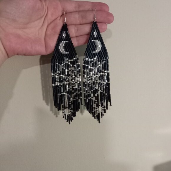 Midnight Moon & Spiderweb Beaded Earrings – Silver 925 Hooks - Picture 2 of 4